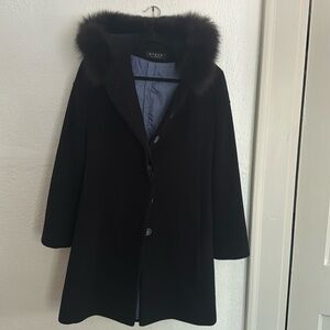 Black wool, hooded coat with fur trim